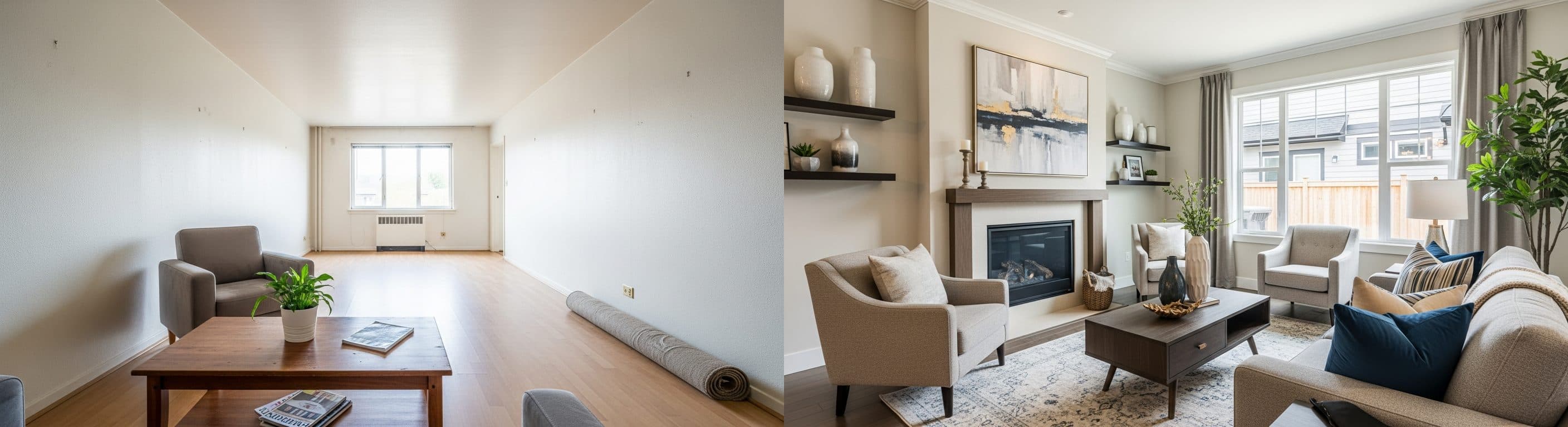 Obývací pokoj: před vs. po virtuálním stagingu