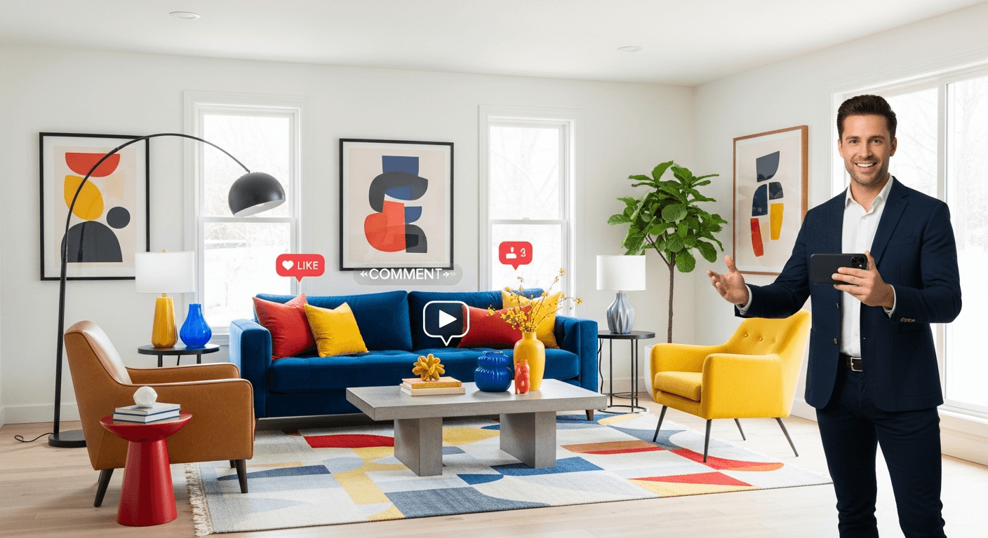 Reel dinámico de Instagram mostrando un recorrido por una propiedad inmobiliaria con elementos de staging virtual