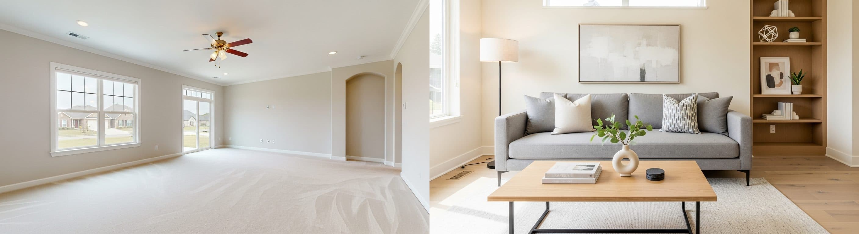 غرفة المعيشة: قبل وبعد التجهيز الافتراضي