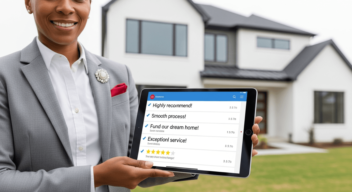 رسم توضيحي لوكيل عقارات يعرض شهادات العملاء على قائمة عقارية