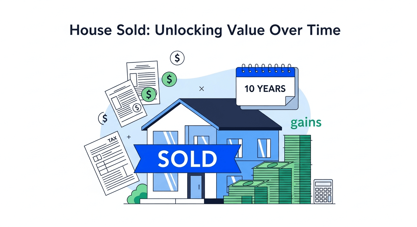 رسم توضيحي لبيع منزل مع وثائق ضريبية وتقويم لمدة 10 سنوات يبرز فترة المضاربة