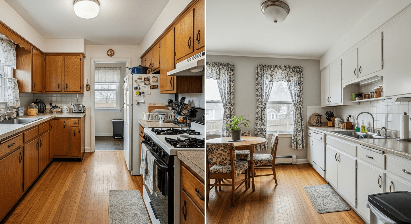 Pred a po stagingu nefotogenickej kuchyne, ukazujúce premenu z preplneného na lákavý priestor