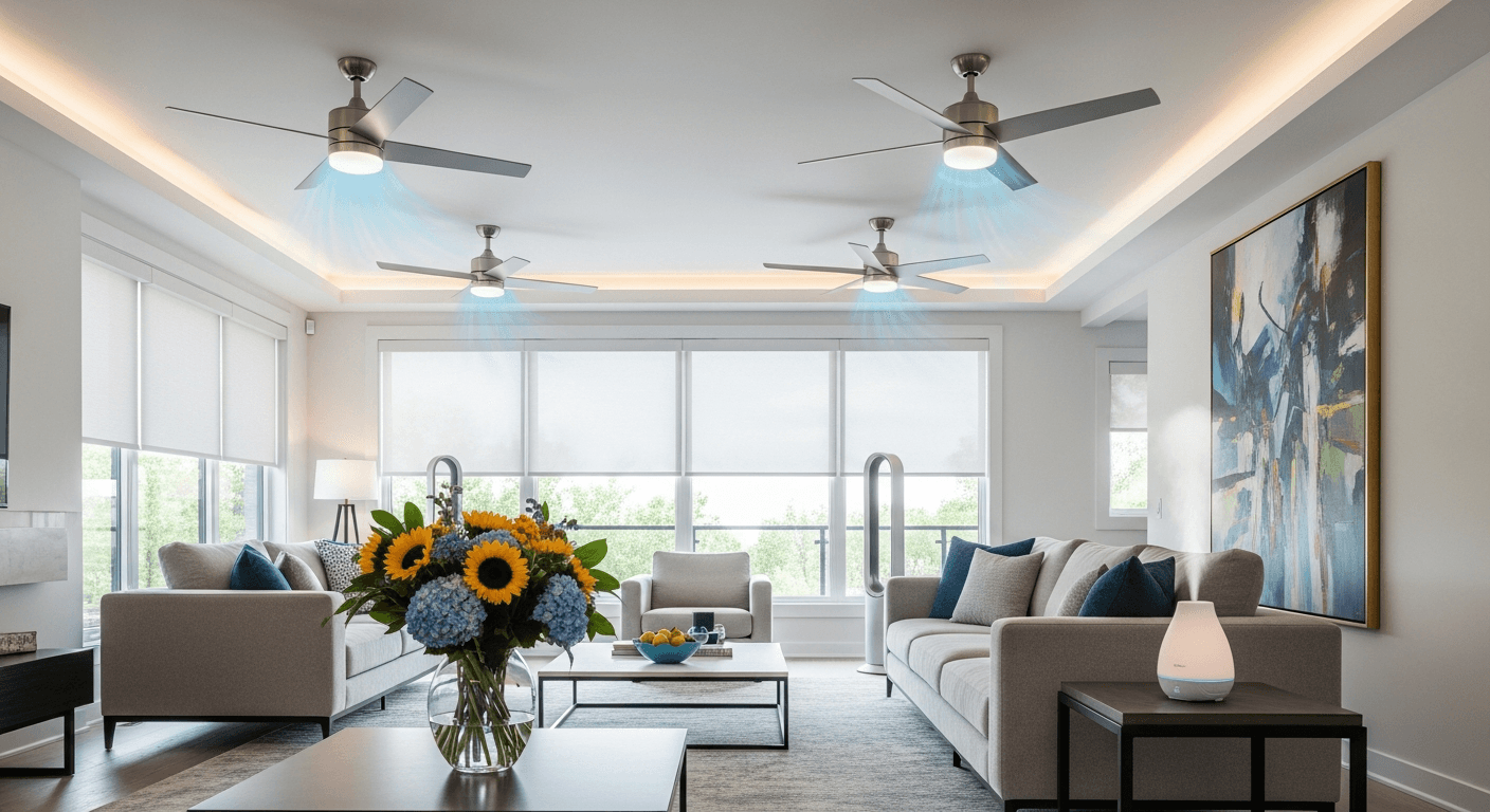 En sval, inbjudande heminredning under sommaren med öppna fönster och frisk luft