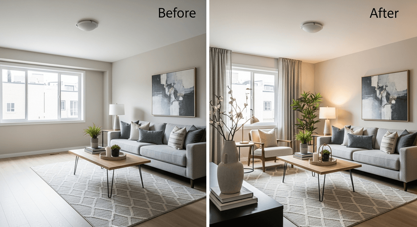 Vardagsrum: före vs efter virtuell staging