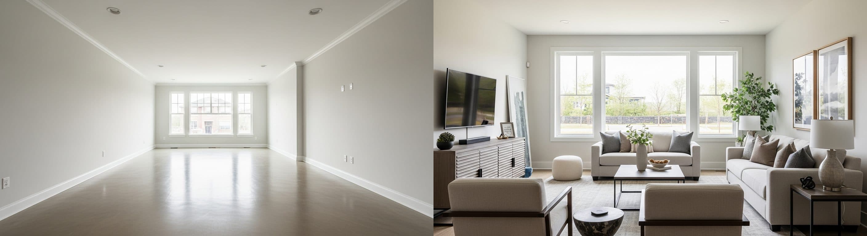 Vardagsrum: före vs efter virtuell staging