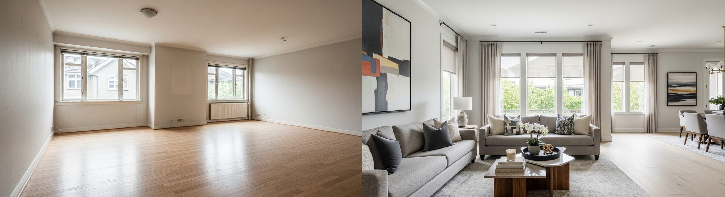 Vardagsrum: före vs efter virtuell styling