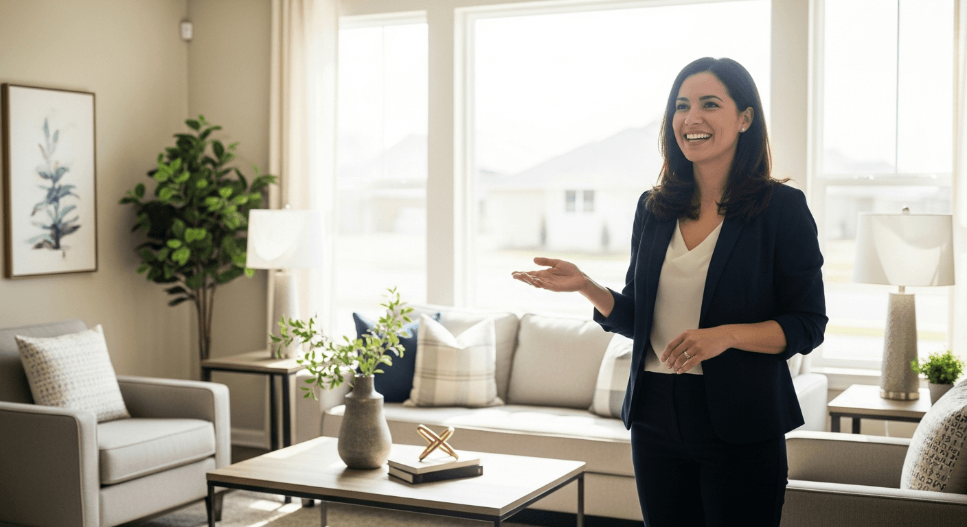 En självsäker husägare diskuterar försäljningsskäl med en köpare i ett vackert stylat vardagsrum