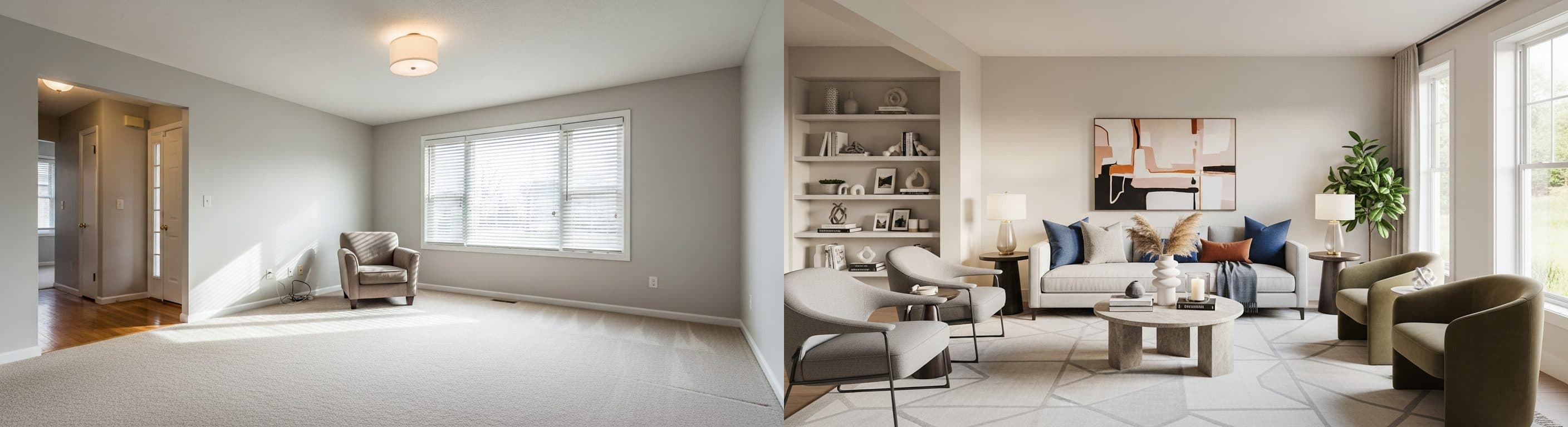 Living Room: before vs after virtual staging