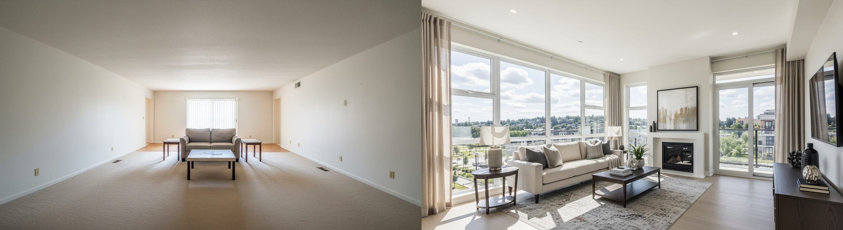 Obývacia izba: pred vs. po virtuálnom stagingu