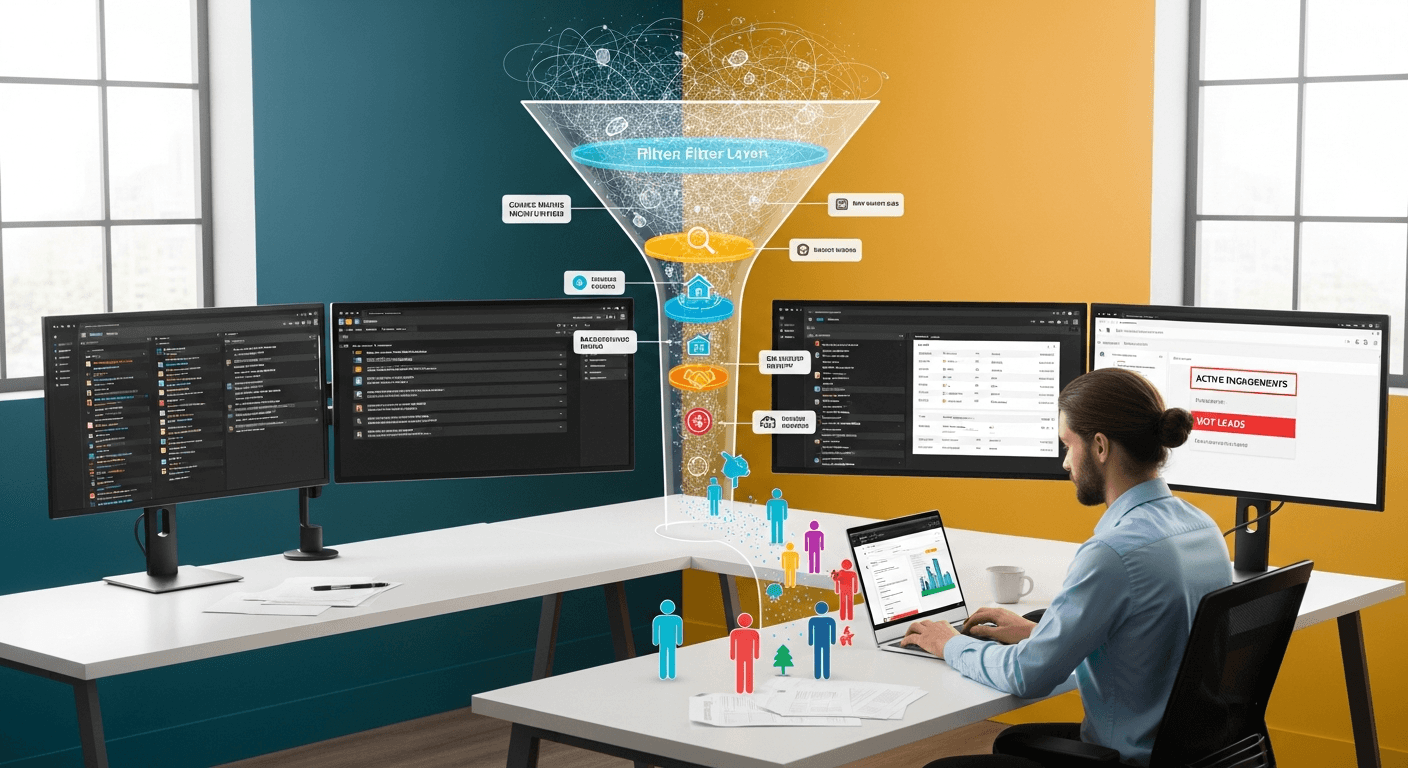 Ilustrácia realitného agenta, ktorý triedi hromadu e-mailov s dopytmi pomocou ikony filtra
