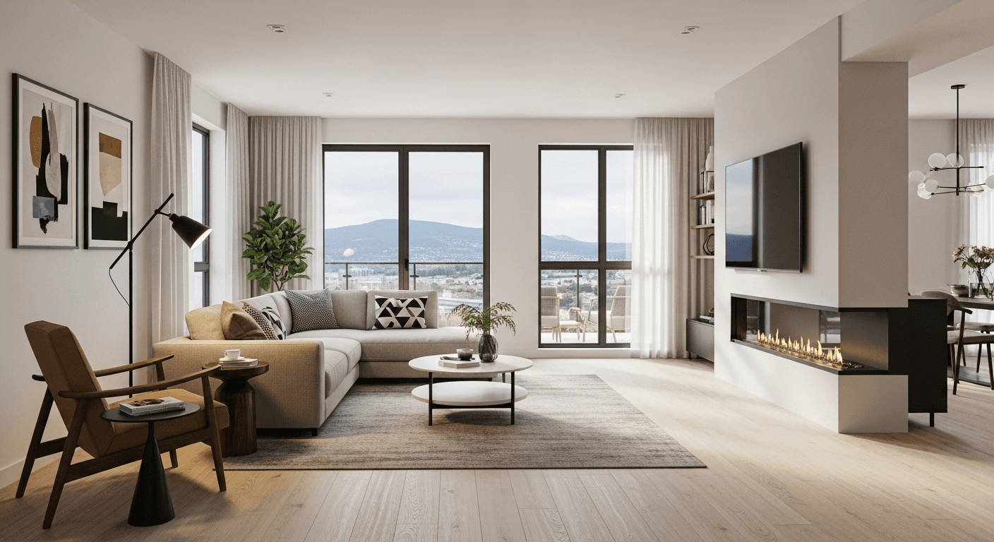 غرفة معيشة عصرية منسقة لجولة عقارية، تعرض تسلسل الغرف الأمثل والإضاءة الطبيعية