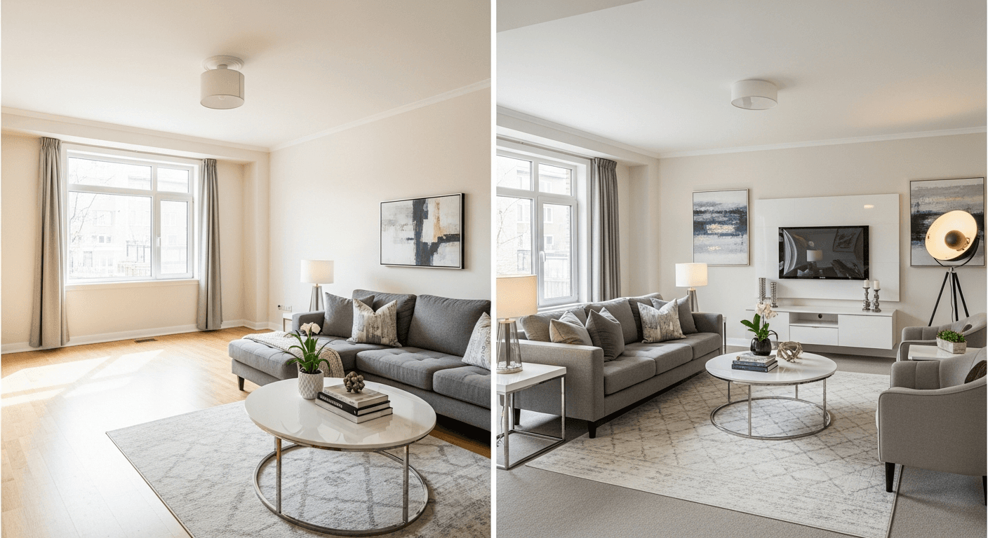 غرفة المعيشة: قبل وبعد التنسيق الافتراضي