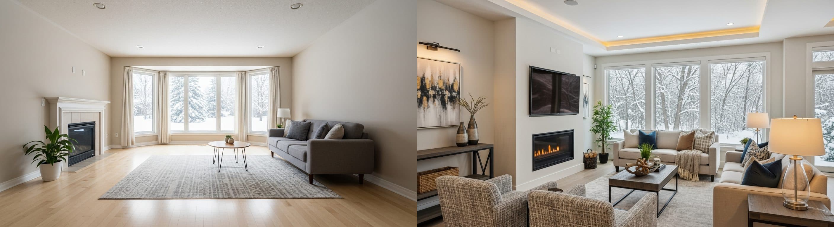 Wohnzimmer: vor vs. nach virtuellem Staging