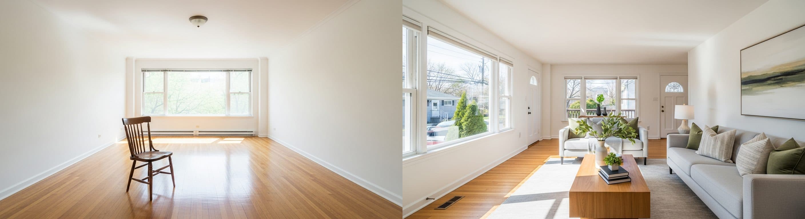 غرفة المعيشة: قبل وبعد التأثيث الافتراضي