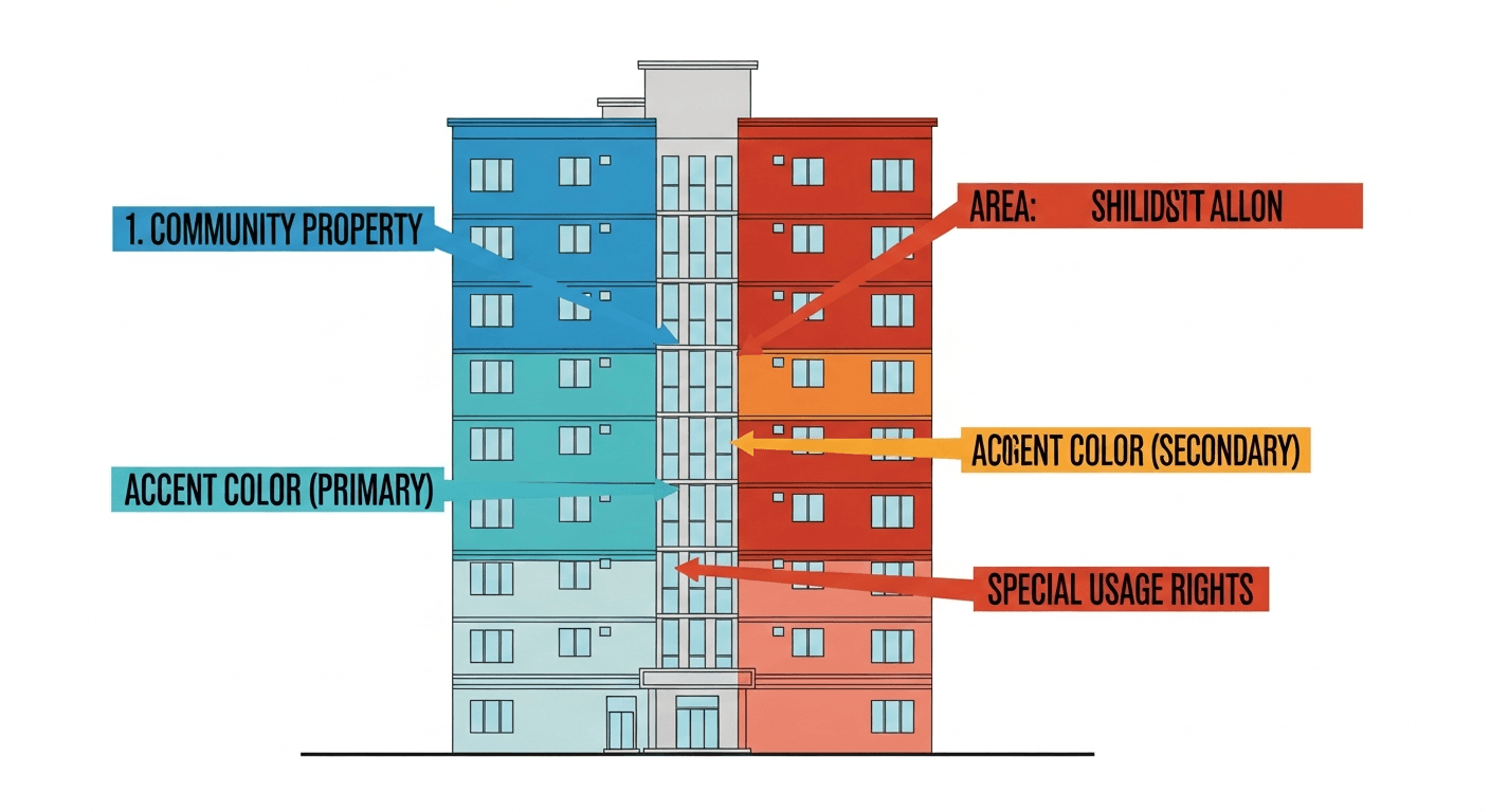 رسم توضيحي لمبنى شقق سكنية بأقسام مقسمة تسلط الضوء على المناطق الرئيسية مثل الملكية المشتركة وحقوق الاستخدام الخاصة