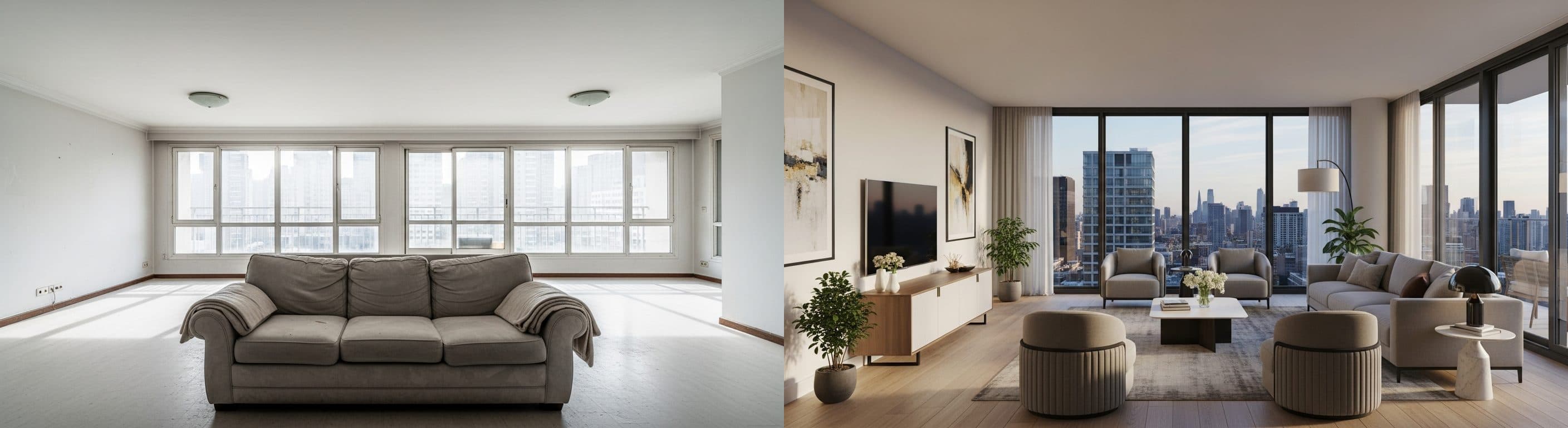 Living Room: before vs after virtual staging