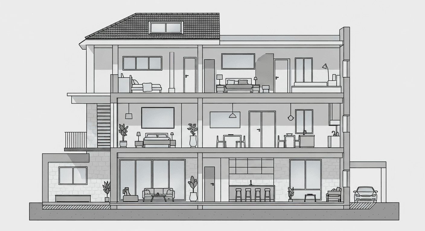 رسم توضيحي لمنزل مقسم إلى أقسام يوضح الفروقات بين مساحة المعيشة والمساحة القابلة للاستخدام والمساحة الأساسية