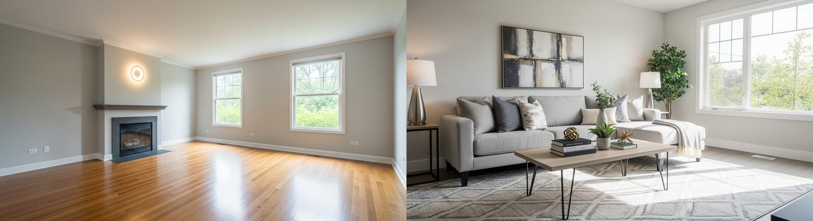 غرفة المعيشة: قبل وبعد التنسيق الافتراضي