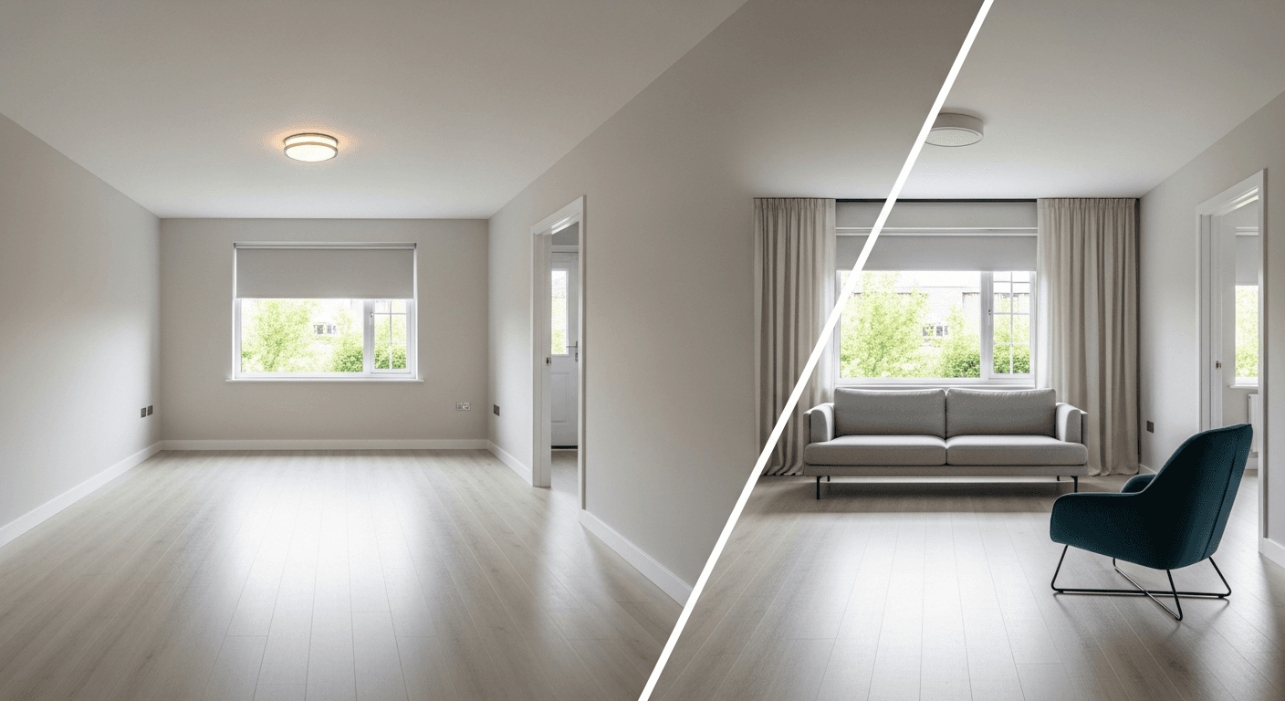 غرفة المعيشة: قبل وبعد التأثيث الافتراضي