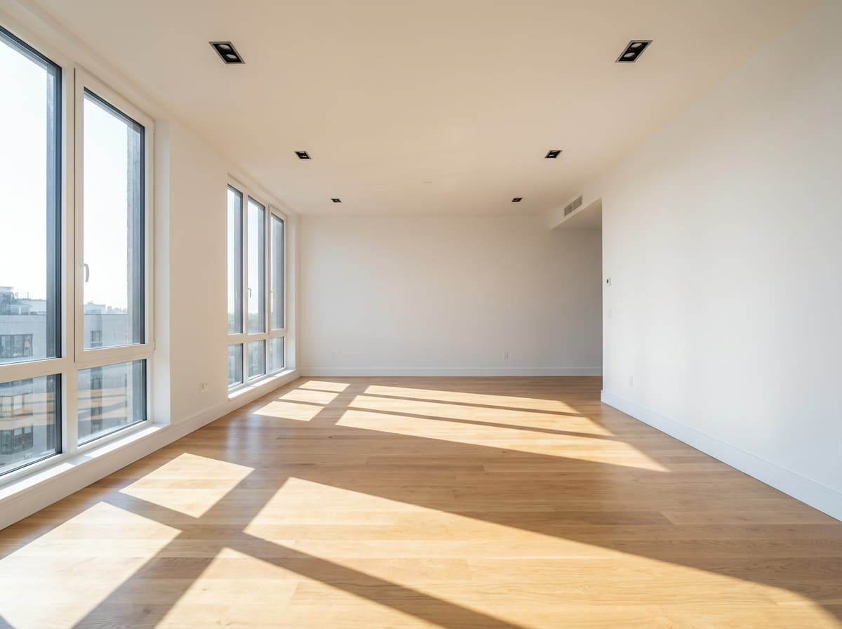 Tomt, rent vardagsrum med vita väggar, ljusa trägolv och stora fönster i naturligt dagsljus.