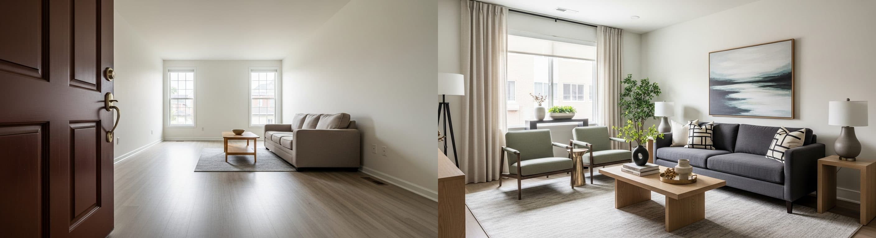 غرفة المعيشة: قبل وبعد التجهيز الافتراضي