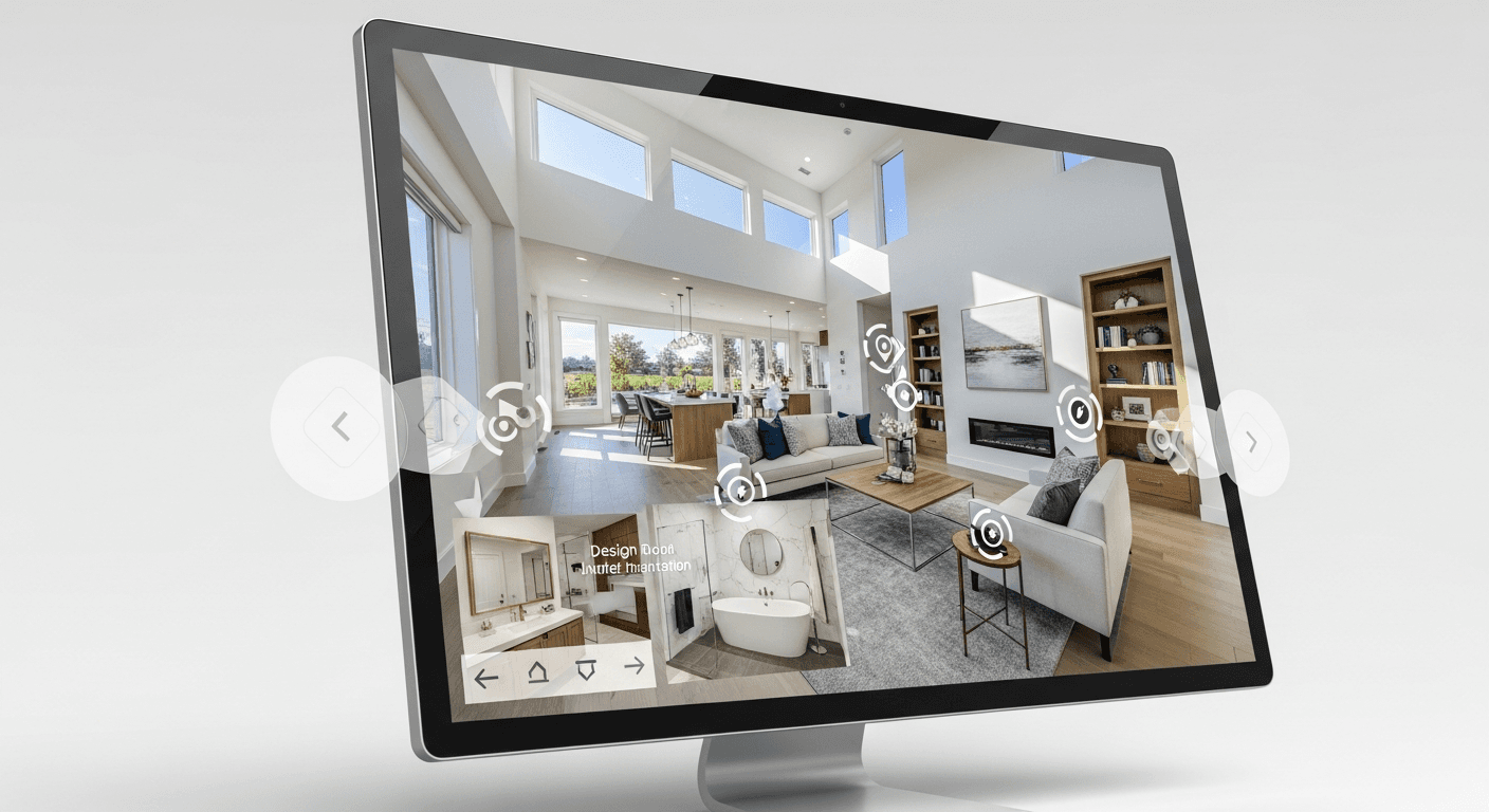 واجهة جولة افتراضية ثلاثية الأبعاد تعرض تصميم داخلي لمنزل عصري على شاشة كمبيوتر