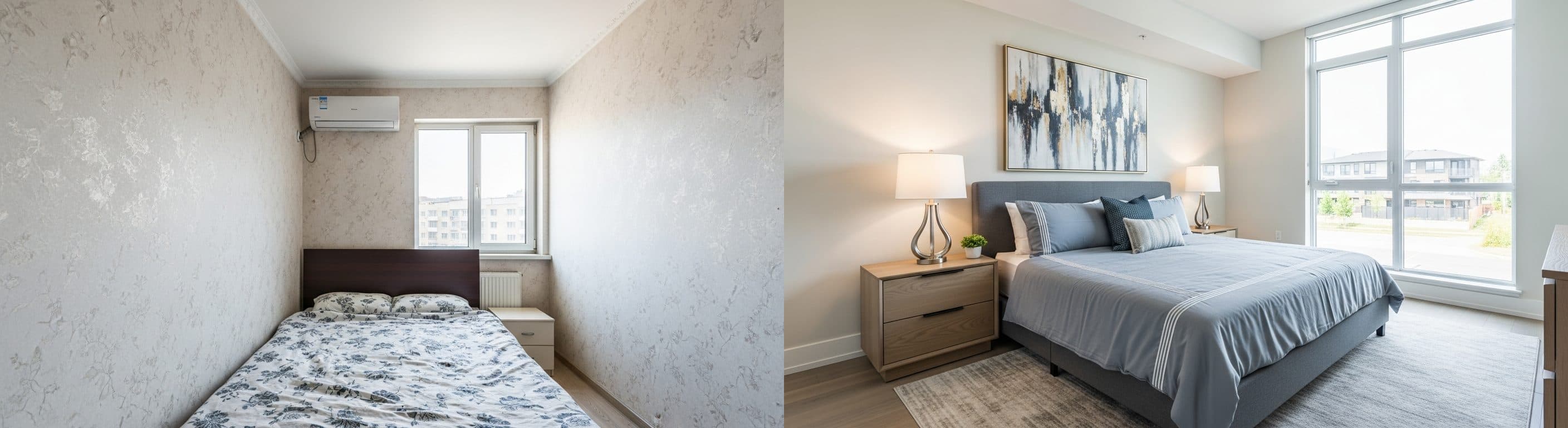 غرفة النوم: قبل مقابل بعد التأثيث الافتراضي