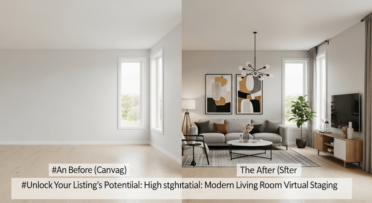 مثال على التأثيث المنزلي الافتراضي: مقارنة قبل وبعد لغرفة معيشة