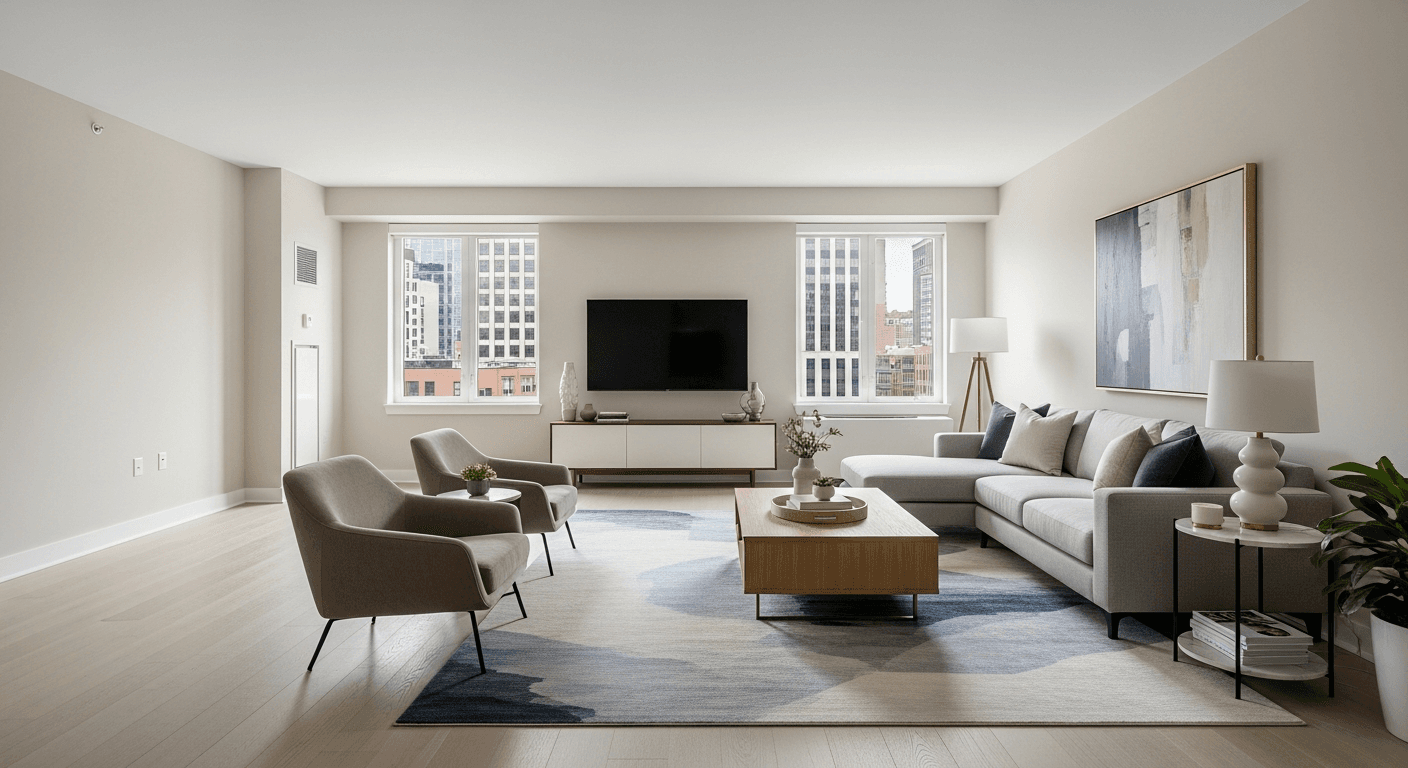 مثال على التأثيث المنزلي الافتراضي: مقارنة قبل وبعد لغرفة معيشة