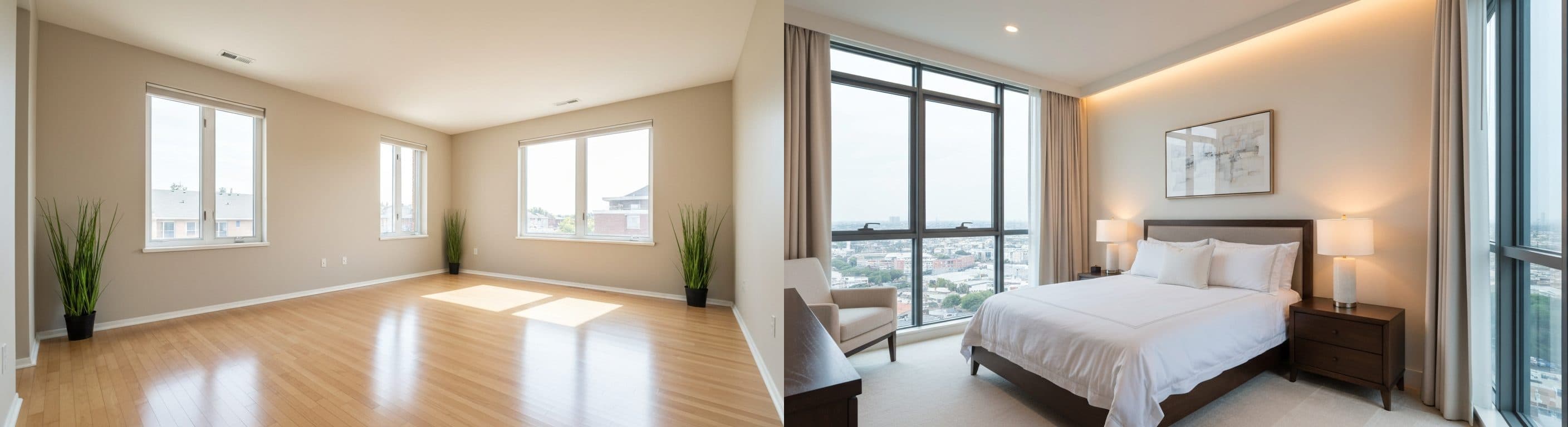 Hálószoba: virtuális lakásrendezés előtt vs után