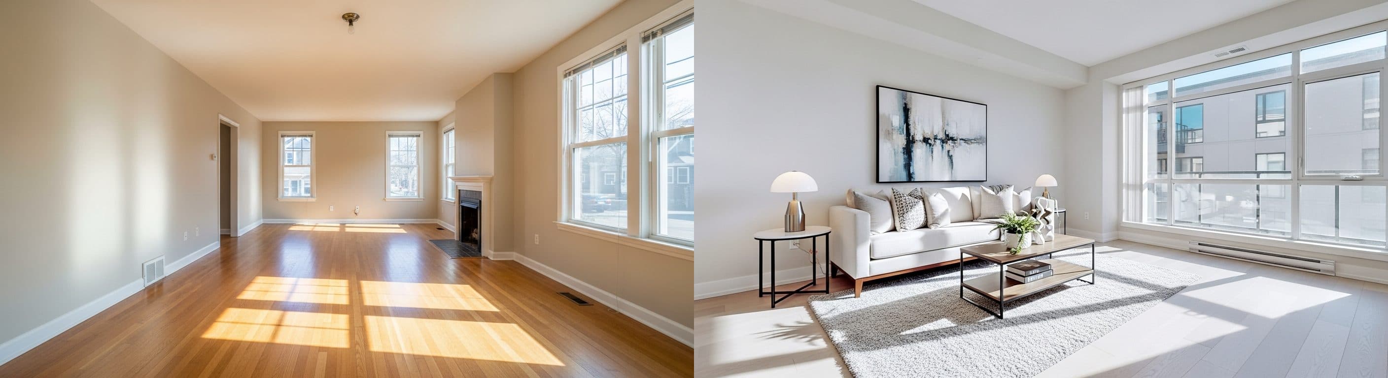Living Room: before vs after virtual staging