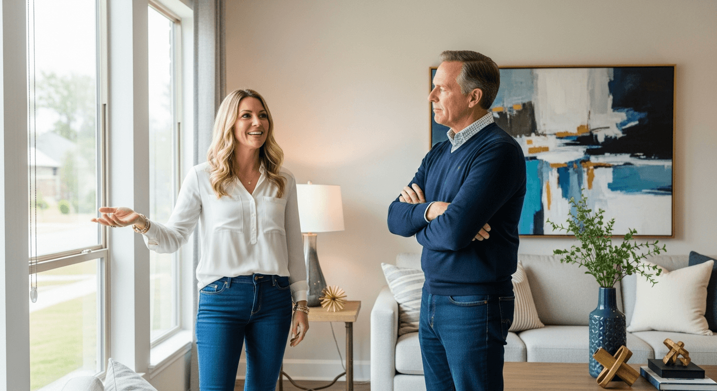 A confident property owner discussing sale reasons with a buyer in a staged home