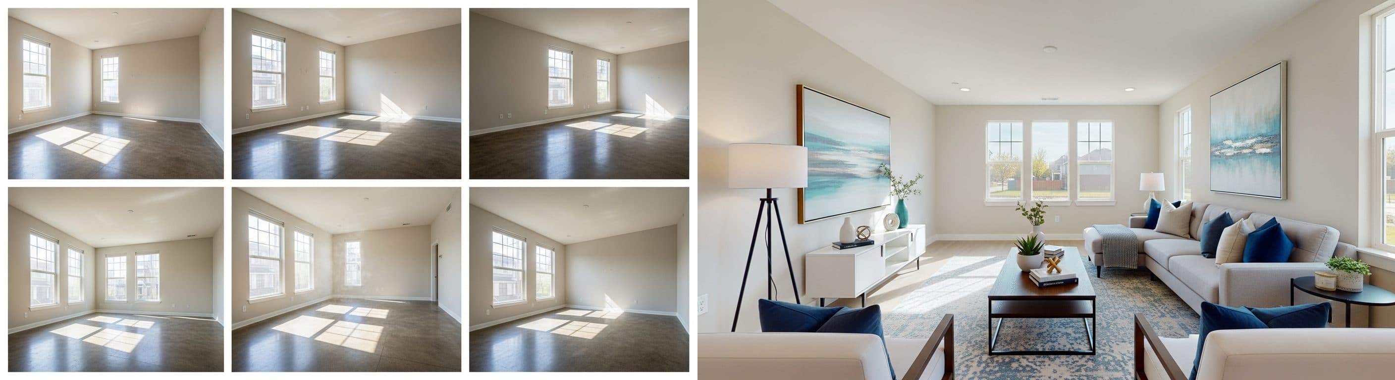 غرفة المعيشة: قبل وبعد التأثيث الافتراضي