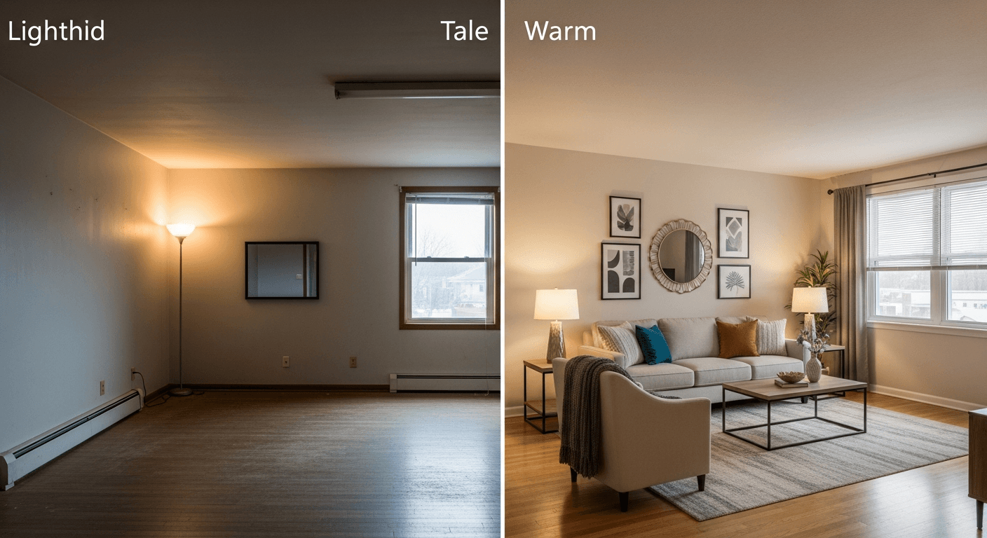 غرفة فارغة في منزل شاغر مقابل مساحة معيشة مؤثثة بشكل جميل تسلط الضوء على سبب بيع الغرف الفارغة ببطء