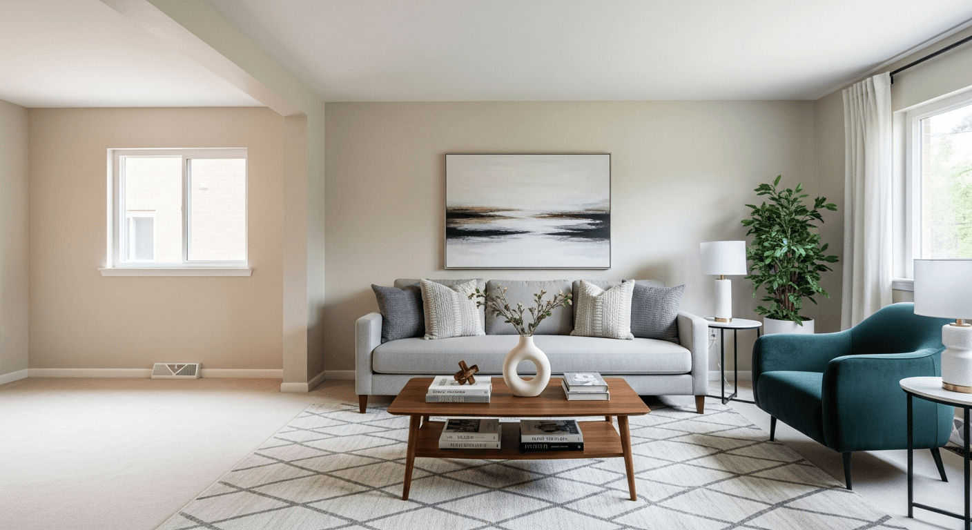 غرفة المعيشة: قبل وبعد التنسيق الافتراضي